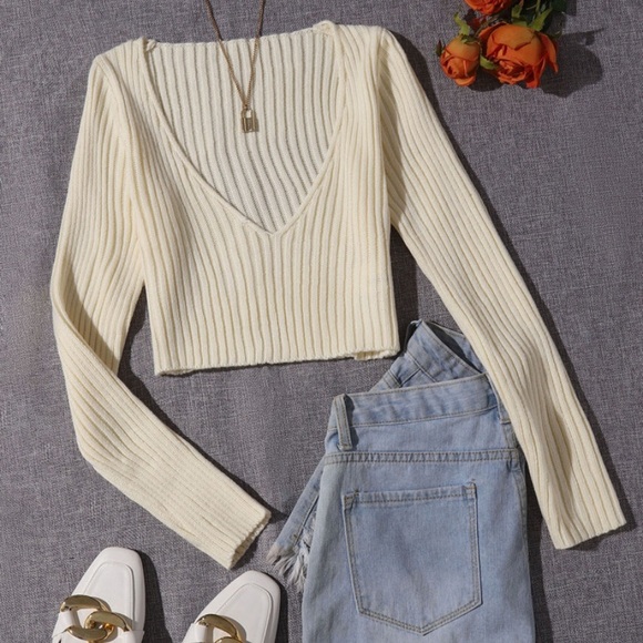SHEIN Sweaters - ୨୧ ･ﾟ✧ SHEIN Rib Knit V-Neck Crop Sweater